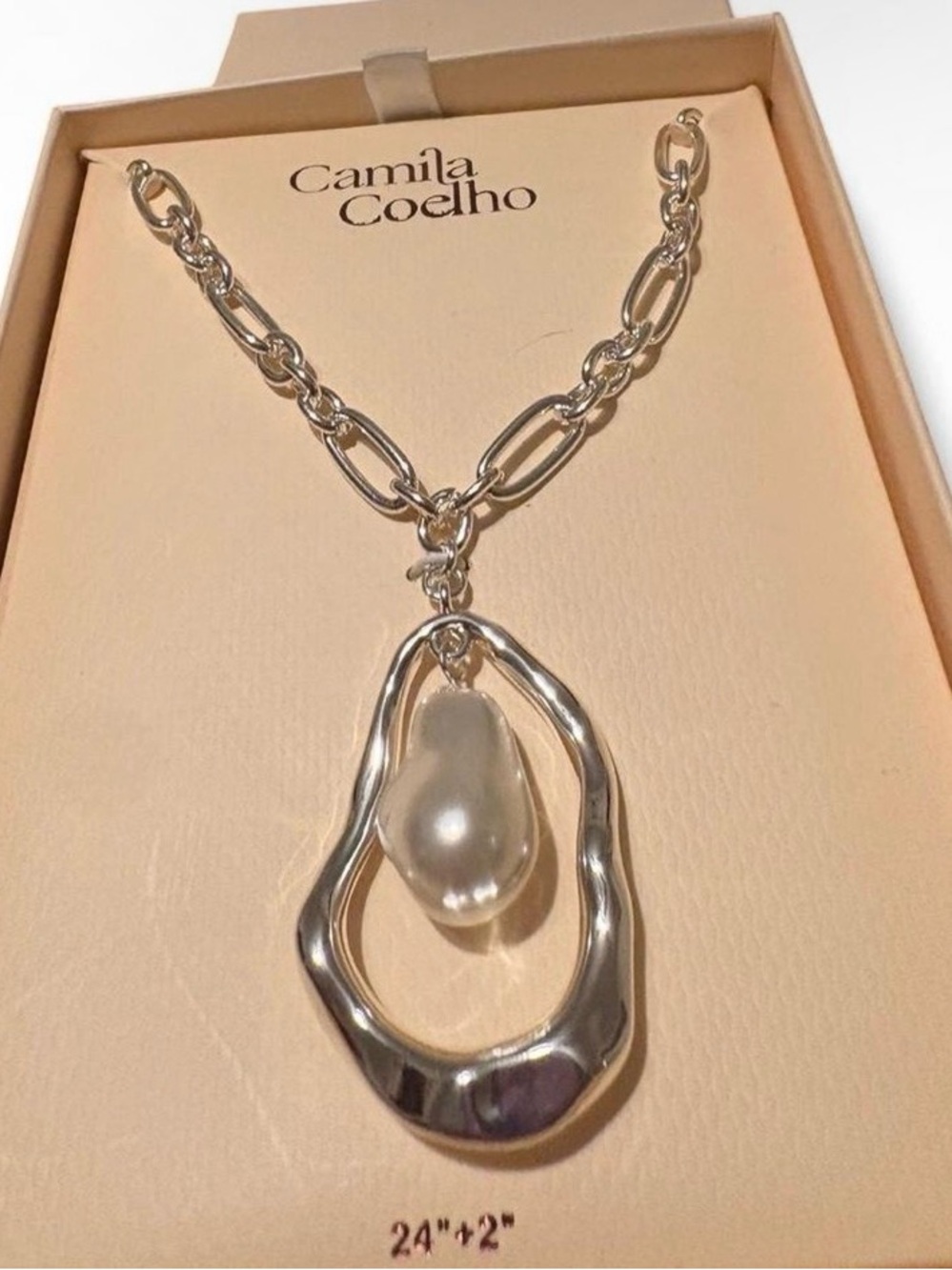 Camila Coelho Silver Open Sculptural Pendant Paper Clip Necklace w Baroque Pearl